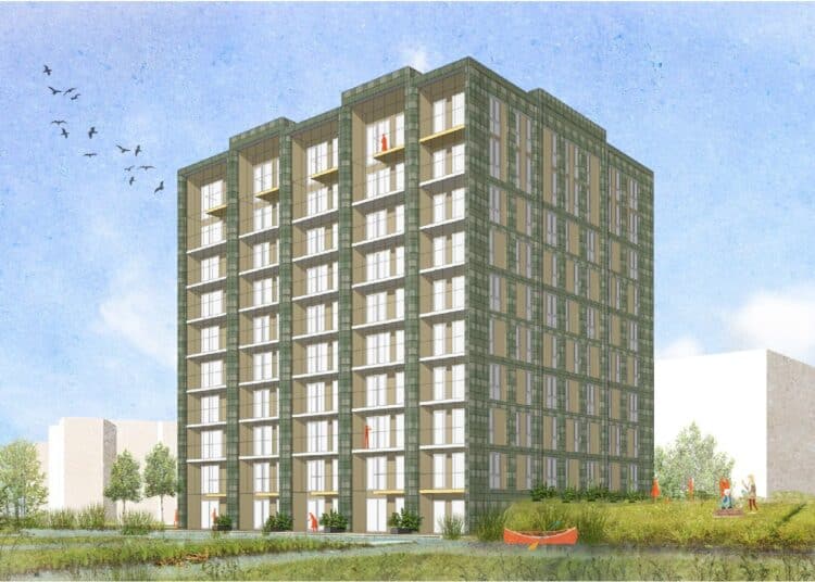 Impressie van het nieuwe houten woongebouw in Oostpoort.
