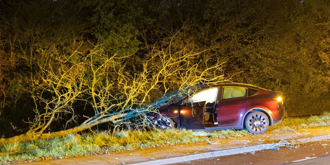 Automobiliste rijdt met hoge snelheid tegen drie lantaarnpalen, komt tot stilstand tegen boom